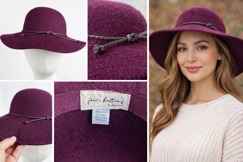 Four Buttons San Diego Hat Co Burgundy Wool Blend Wide Brim Hat, Boho Floppy OS￼